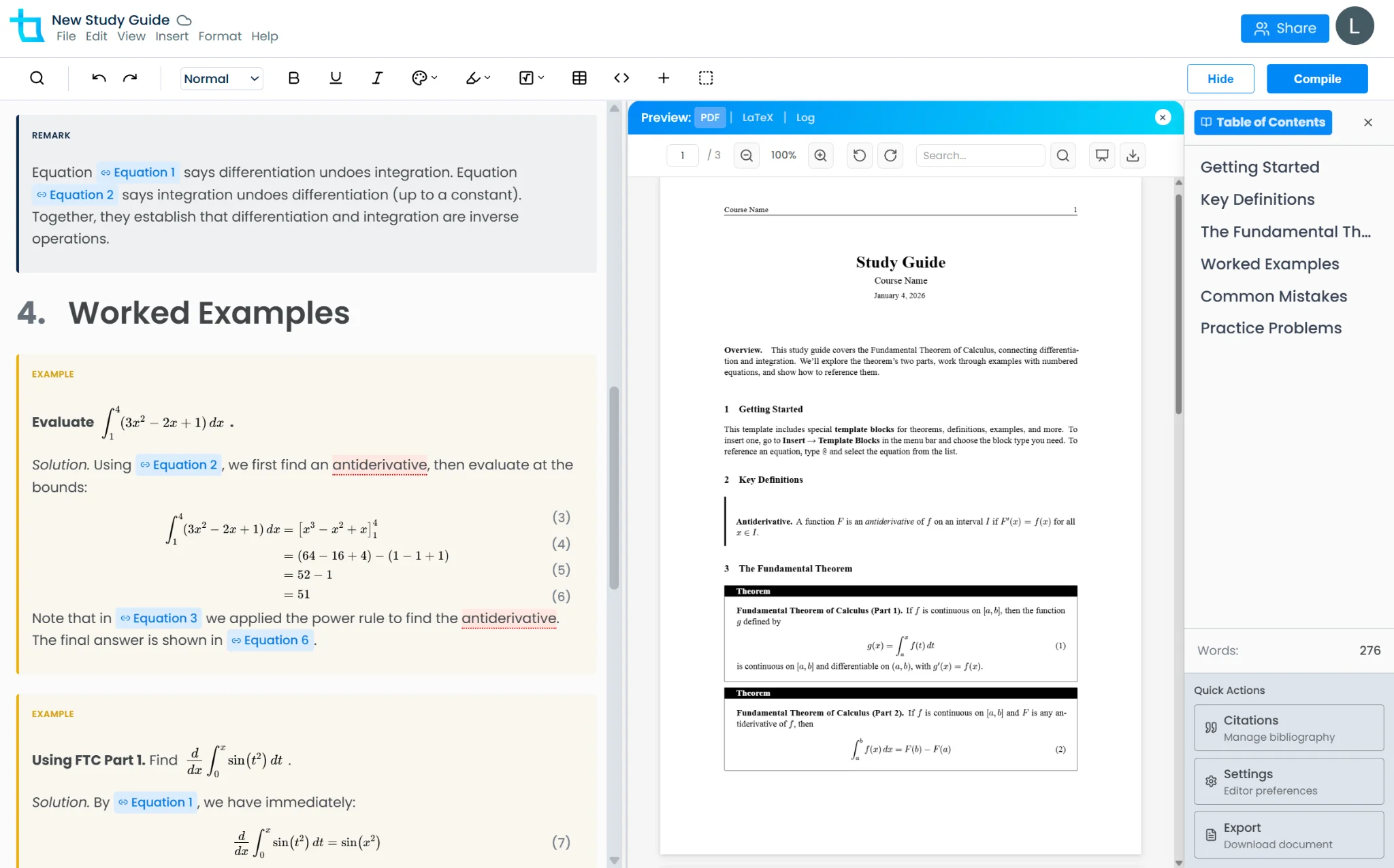 Texpile Editor Interface - WYSIWYM document editor showing markdown input and PDF output