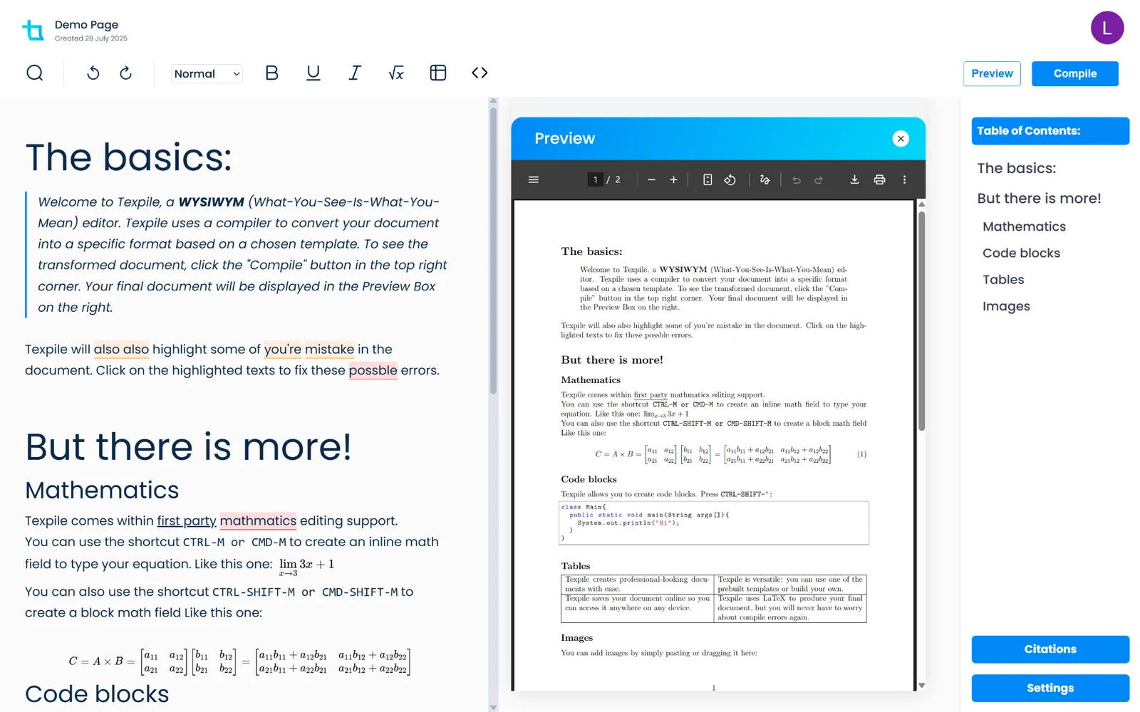 Texpile Editor Interface - WYSIWYM document editor showing markdown input and PDF output