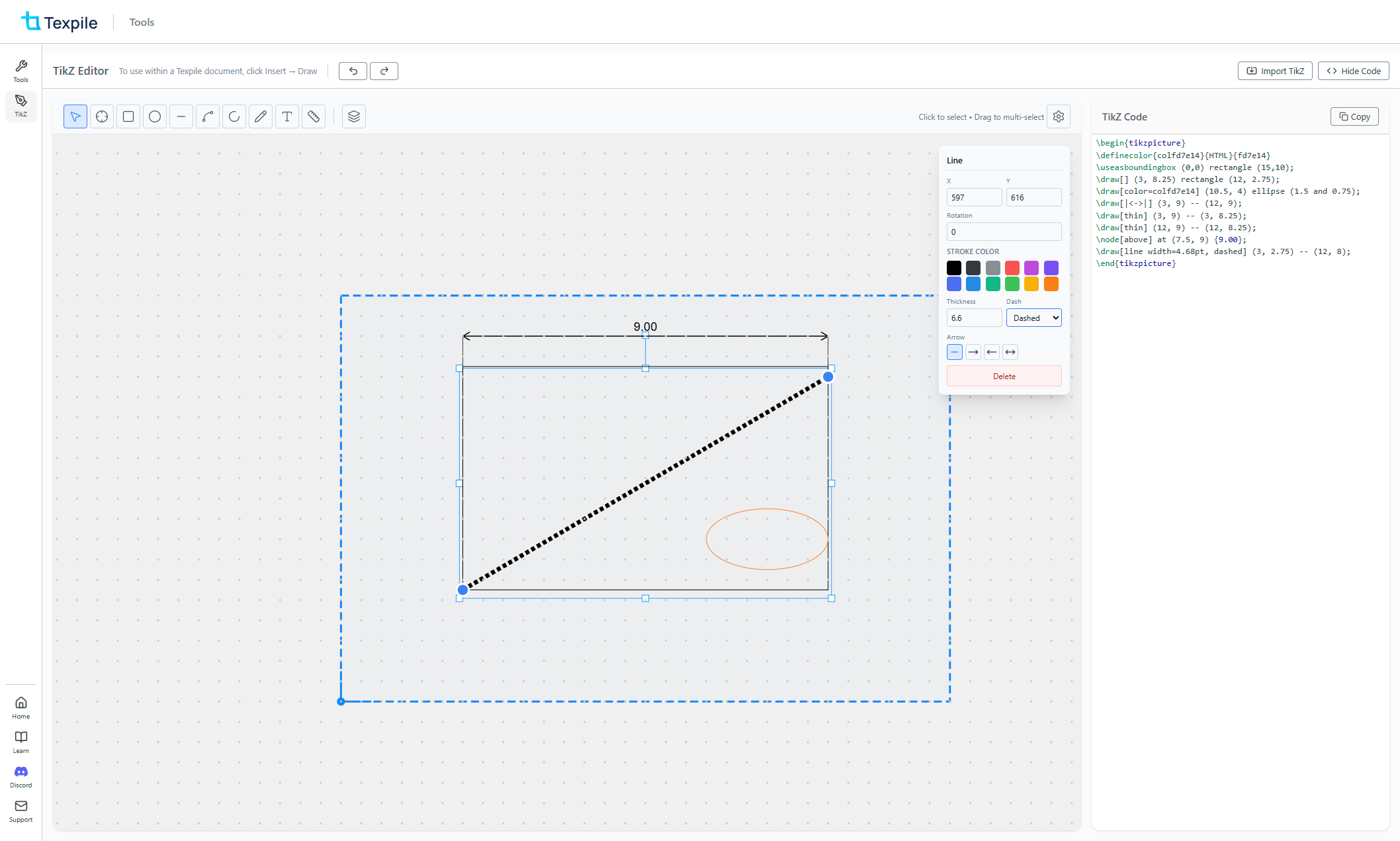 Texpile TikZ Editor, visual diagram canvas with real-time TikZ code generation