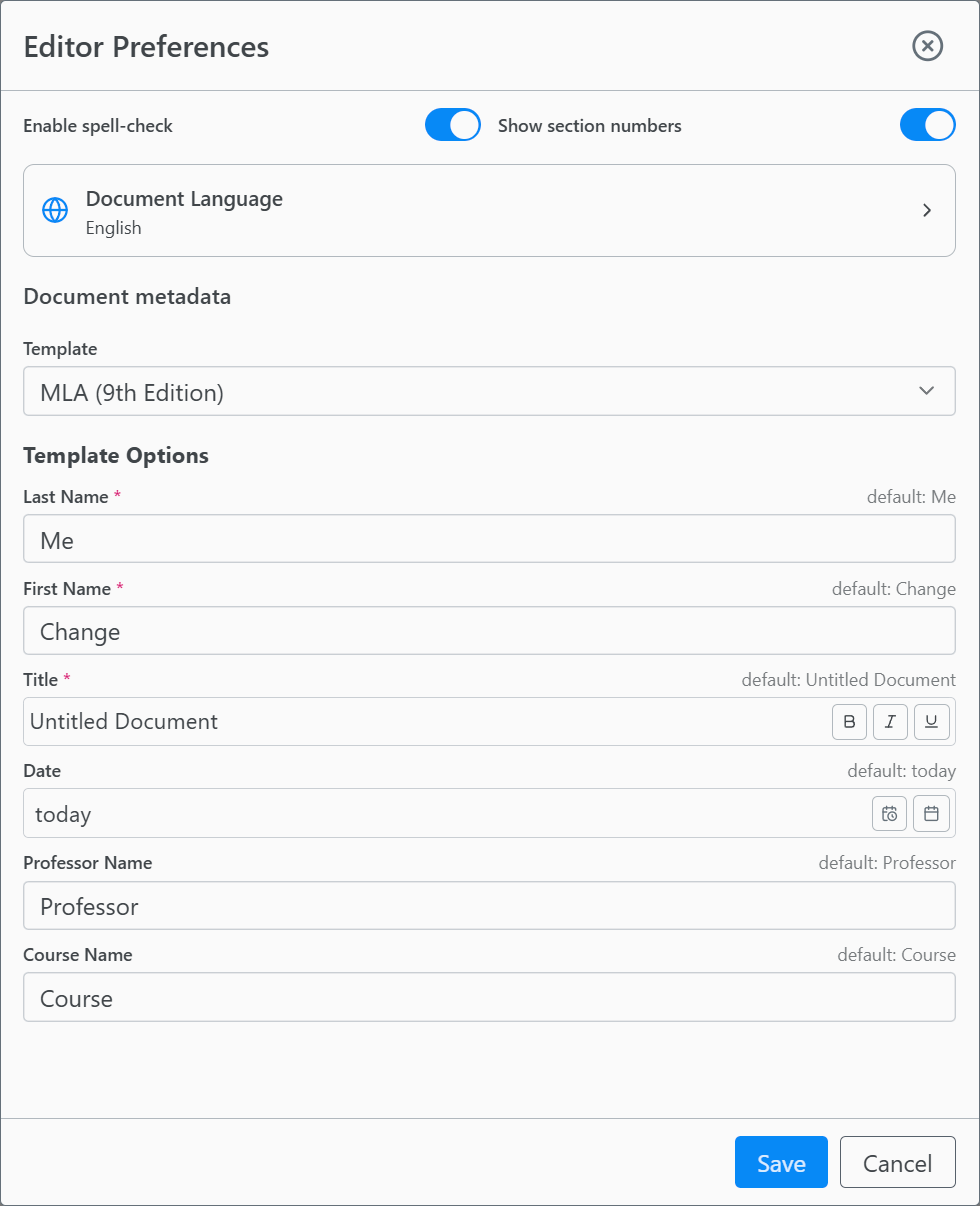 Document Settings Menu